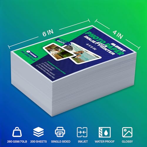 Inkjet Photo Paper 4x6 Inches,Glossy 200 Sheets 70 lb/260 gsm Premium Thick Single Sided Heavyweight Photographic Paper for Inkjet Printer Instant Dry Professional Postcard Picture Use Dye Ink - Thumbnail 4