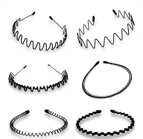 Pack of 6 Metal Headbands, Non-Slip Elastic Hair Band, Black Wave Headband, Lightweight and Non-Slip Sports, Unisex Hair Accessories for Outdoor Sports, Yoga, Make Up