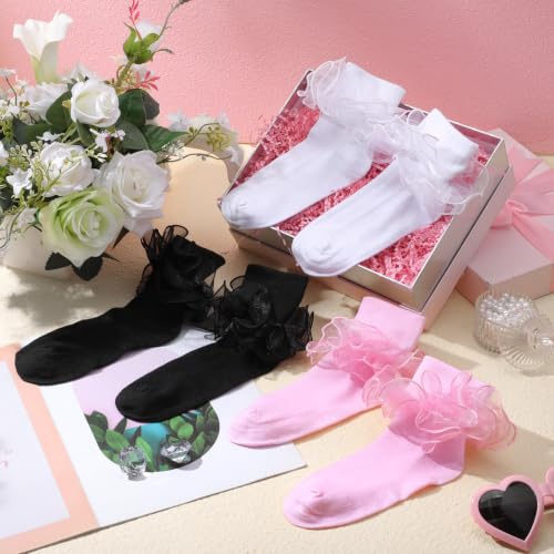 Image of Geyoga 3 Pairs Women Big Ruffle Socks Turn Cuff, Double Lace Ankle Cotton Frilly Socks for Ladies Summer