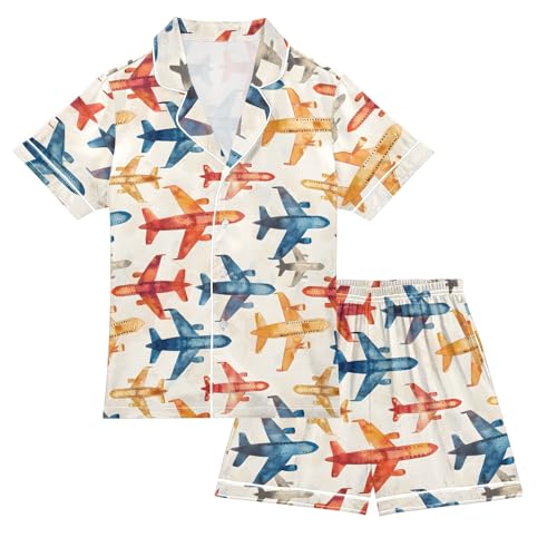 Colorful Airplane Prints Summer Satin Pajama Set, Cute Button-Down Sleepwear Pj Set for Sleep Wears