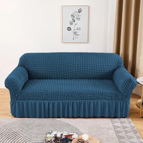 Image of Lukzer 320 GSM Stretchable 1 Seater Turkish Sofa Cover Universal Couch Protector Bubble Fabric with Frill Universal Big Elasticity Slipcover (Teal Blue /SC-103-01 /70-110cm)