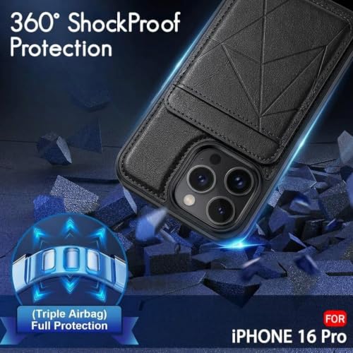 Image of amazon basics Premium Vegan Leather Back Cover with Card Holder and Integrated Mobile Stand for iPhone 16 Pro - Slim Shockproof Wallet Case with Geometric Stitching [Black]