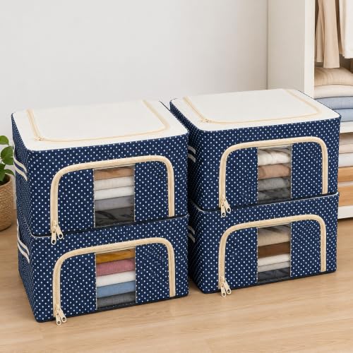 Image of VERAT 4 Pcs 66 Liters Foldable Steel Frame Cloth Organizer with Handle for Storage /Wardrobe Organizer with Zipper /Front & Top Open Almirah Organiser for Sarees /Shirts /Blankets /Clothes Bag- (Blue)