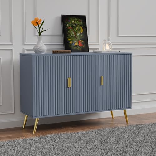 Image of Wooden Sideboard Cabinet for Living Room | Side Board with 3 Doors Cabinet Storage for Dining, Drawing and Home Office | HDMR Premium Wood & Iron | Dark Grey & Golden