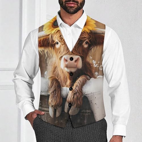 Cute Highland Cow Bath Suit Vest for Men Slim Fit Sleeveless Jacket V Neck Business Waistcoat Button Up Dressy Top4
