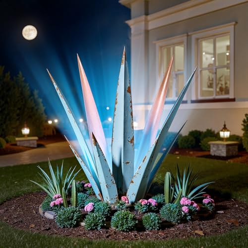 Image of KODIBO 24 inch Metal Agave Plant Outdoor Decor with Solar Light, Vintage Blue
