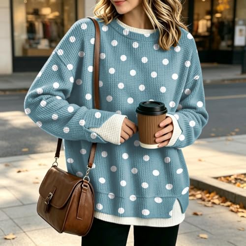 Waffle Knit Crew Neck Sweatshirts Women Oversized Polka Dot Layered Tops - image 3