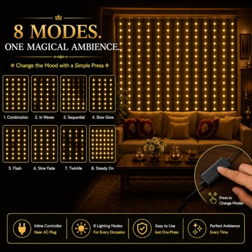 Image of Gesto Ball Curtain Fairy Lights for Decoration - 80 Led String Lights with 8 Modes Changer | Warm White Decorative Lights for Home Decor, Room,Wall, Balcony, Christmas & Diwali Decoration- 10x3 Ft