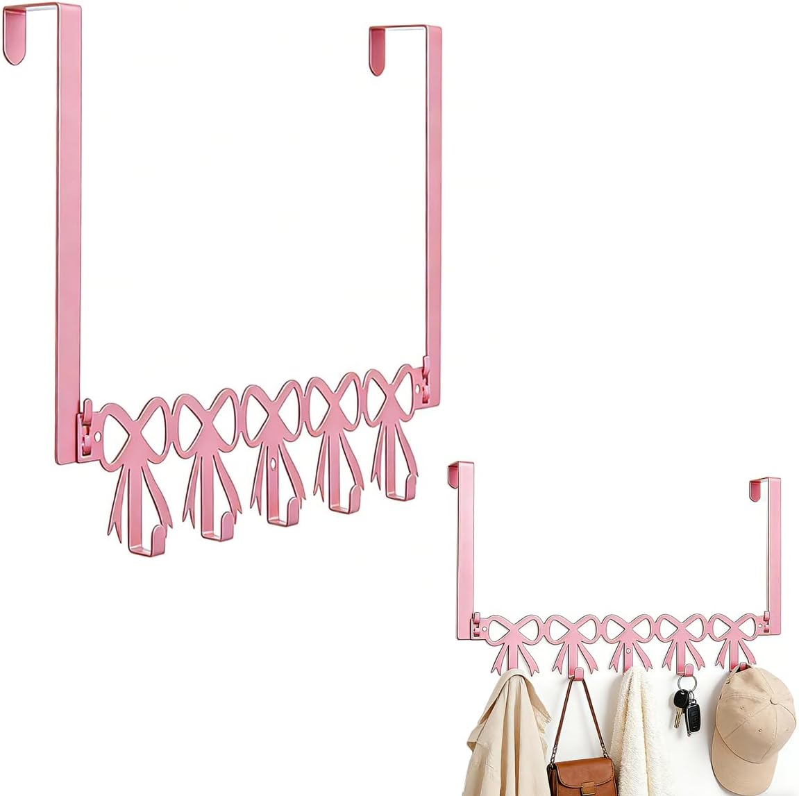 Pink Bow Bathroom Decor,Pink Bow Over The Door Hanger Organizer 5 Hooks,Door Hanger for Girls Hats Bags Clothes,Wall Mounted Towel Hanger for Bathroom,Kitchen,Room,Coquette Decor