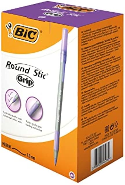 BIC Round Stic Grip Ballpoint Pens - Value Pack of 40 Pens for Office - Purple Colour - Smooth Writing and Comfortable Grip