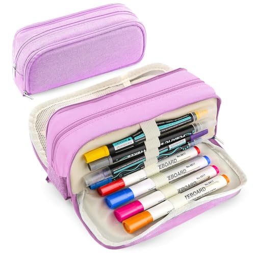Image of Large Capacity Pencil Case Pencil Pouch Pen Bag with 3 Compartment Stationery Organizer with Zipper, School Supplies Organizer for Teen Adults (Purple)