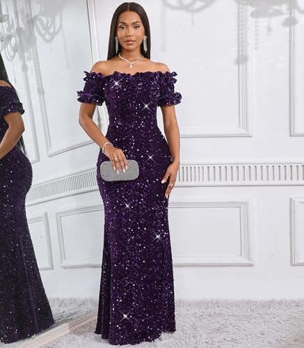Image of dasmzper Women Sexy Sequin Off Shoulder Ruffle Short Sleeve Bodycon Mermaid Party Formal Evening Maxi Dress