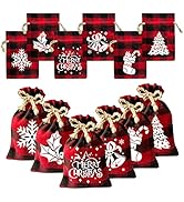 FOIMAS 36pcs Christmas Buffalo Plaid Drawstring Gift Bags Xmas Snowflake Gift Treat Bag Candy Sac...