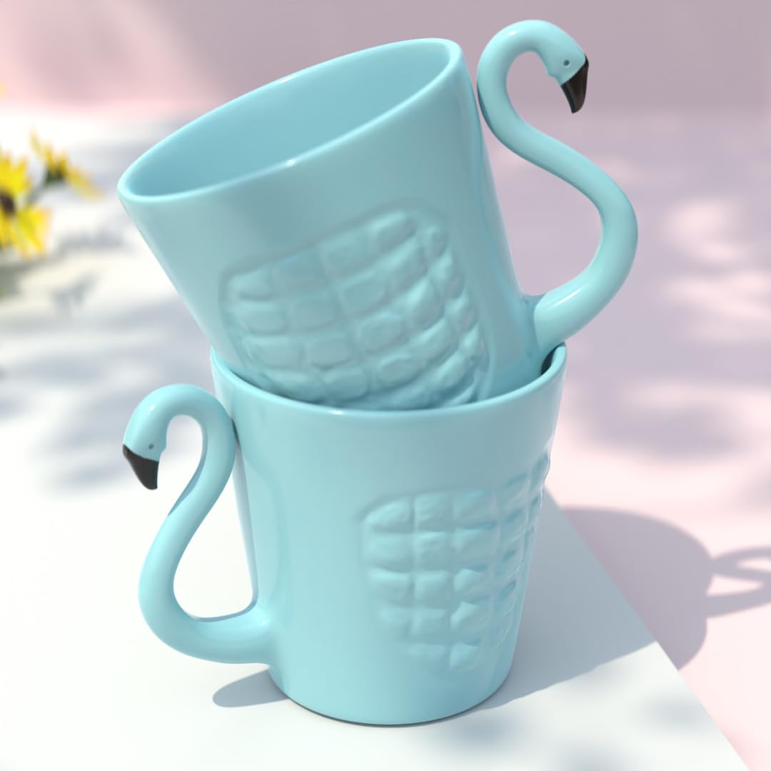 The Earth Store SkyBlue Flamingo Ceramic Coffee Mug Set 320ml, Microwave & Dishwsher Safe Tea/Milk Mug, Ideal for Home, Office, Gifting and Daily Use Set of 2