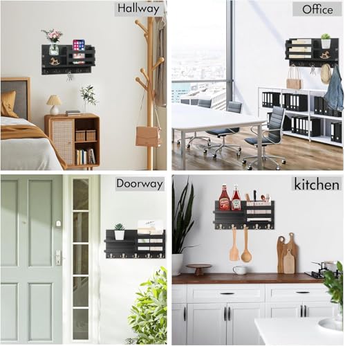 Image of Wooden Wall Mounted Key Holder with Hooks and Organizer Shelf Wall Rack for Letters Wallets and Accessories Home and Office Wall (Black, Elegant Mail Organizer)