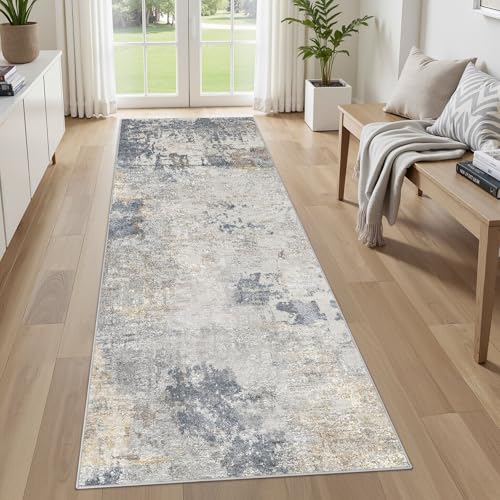 3X8 Washable Runner Rug for Hallway: Soft Neutral Modern Abstract Area Rug - Non-Slip Low Pile Long Throw Indoor Carpet for Kitchen Entryway Kitchen Bedroom Laundry Bathroom- Blue Grey