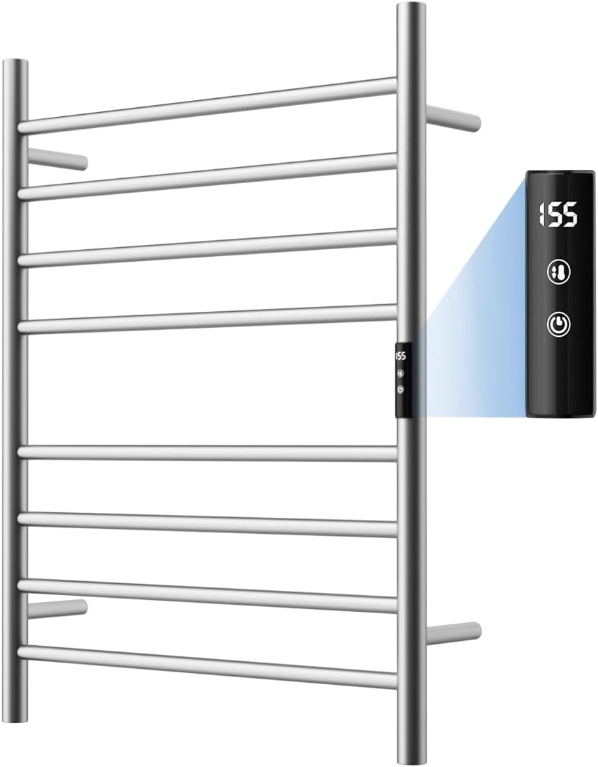 QAOYEDE Heated Towel Racks for Bathroom, Wall Mounted Towel Warmer, 8 Bars Towel Warmer Racks with Timer & Temperature Multi-Level Adjustable, Plug-in Brushed Nickel