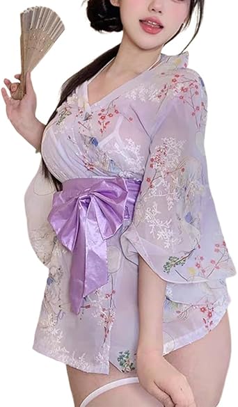 Mini Kimono Gown, See-Through, Translucent, Sexy Kimono, Yukata, Japanese Style, Beautiful, Sexy Lingerie, Uniform, Temptation, Nightwear, Lightweight, Above Knee, Short Robe, Womens, Kimono