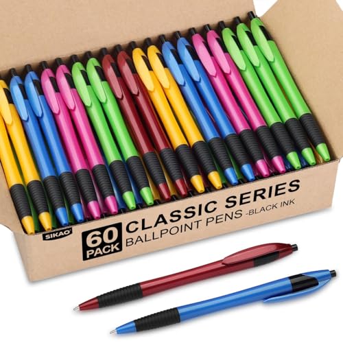 Sikao Gripped Slimster Stylos à Bille Rétractable, Noir Pointe Moyenne (1,0 mm), Écriture Douce, Papeterie Bureau Fourniture Scolaire, Lot de 60