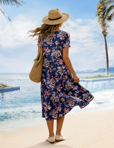 Image of Women's Summer Casual Loose Dresses Cotton Boho Floral Midi Dress for Women Beach Vacation with Pockets HD1