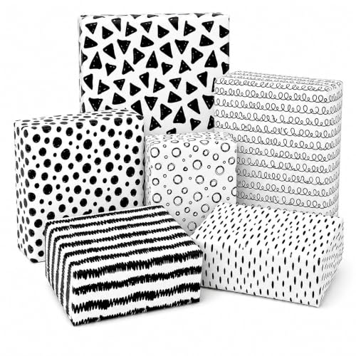 12 Sheet Black White Wrapping Paper - 19.7 x 27.6 Inch Minimalist Gift Wrap Paper Bulk with 6 Geometric Patterns - Stripes Dots Triangles Designs for Birthday Holiday Gift Packing DIY Crafts