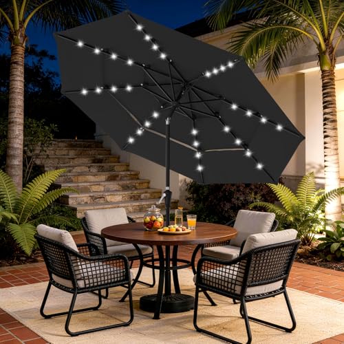 Image of JEAREY 3 Tiers Patio Umbrella with Solar Lights 9ft Outdoor Market Table Umbrellas with Push Button Tilt for Outside Pool Garden, Black