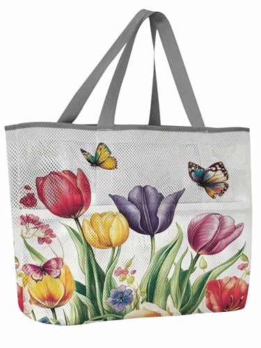 Mesh Beach Bag Oversized Tote Bags for Women Butterfly Spring Flower Gradient Large Travel Pool Bags with 8 Pockets