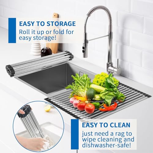 Image of 10 Pipe Foldable Roll Up Dish Drying Rack Over The Sink Multipurpose Kitchen Counter Rolling up Stainless Steel Drainer for Cups, Utensils, Fruits, Vegetables
