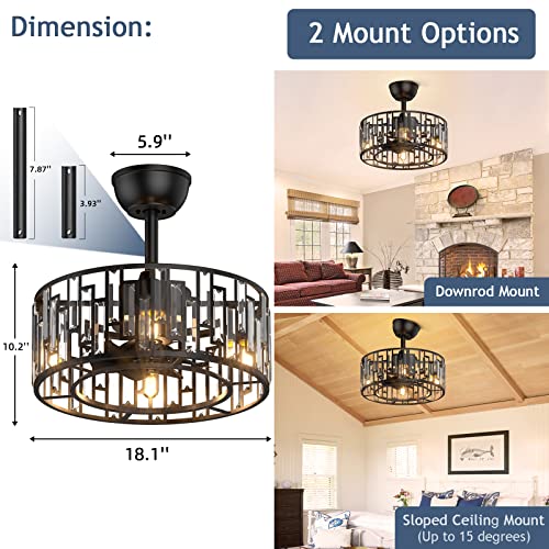Ghicc Caged Ceiling Fan With Light, Small Farmhouse/Industrial Ceiling Fan With Remote Control, Bladeless Ceiling Fan For Living Room, Bedroom, Kitchen, Dining Room, Black, Crystal #TOP3