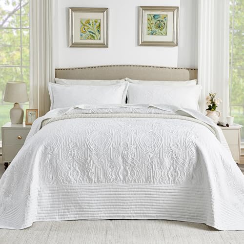 Image of ENJOHOS Oversized King Quilt White, 128x120 California King Bedspread, 3 Piece Soft Microfiber Lightweight Extra Wide Bedding Comforter Set, Vintage Boho Striped Pattern Summer Coverlet