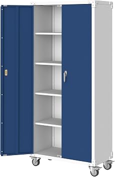 71" Tall Locking Metal Storage Cabinet with Wheels, 4 Shelves, 2 Doors, Handle Lock, Cold Rolled Steel, Storage for Garage Home Office, Warehouse, Basement, Blue Grey