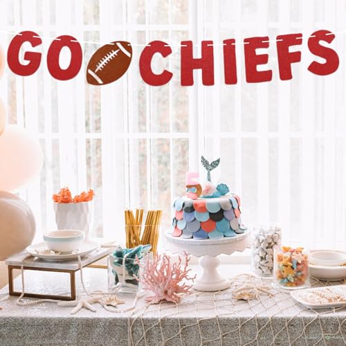 Go Chiefs Banner - Football Game Day Decor Chiefs Football Themed Celebration Party Sign Chiefs Decorations Red Glitter