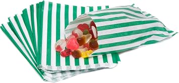 50 Candy Stripe Paper Sweet Bags | Green | 5  x 7  125mm x 175mm