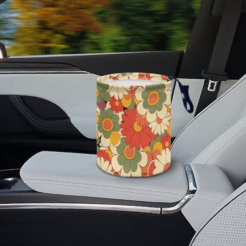 Image of Colorful Groovy Flower Print Portable Car Garbage Bin Reusable Collapsible Hanging Portable Dustbin Bin Waste Basket Car Accessories Interior for Car SUV Trucks Universal