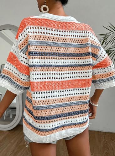 Image of Acelitt Crochet Tops for Women Summer Short Sleeve Sweater | Boho Striped Knit Top, 3 /4 Sleeve, Hollow Out Oversized Sweaters, Lightweight Blouses, Spring Fall Outfits for Beach Vacation