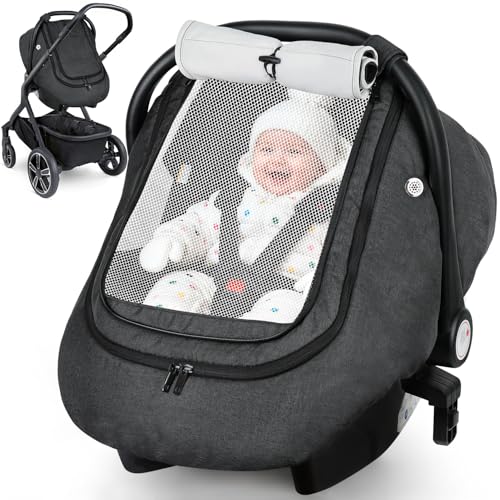 Image of Rquite Car Seat Cover Baby, Carseat Covers Boy Girl, 2 Layers Window -Breathable Mesh & Wind/Sun Shade, Infant Car Seat Canopy Baby Carrier/Stroller Cover, Fit Spring, Fall, Winter, Cold Weather