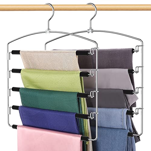 Roylvan 5 Tier Pants Hangers Space Saving, 2 Pack Non-Slip Foam Padding Closet Organzier for Trousers Slacks Jeans Scarf Hanging, Clothes Hangers with Swing Arm, 360 Swivel Hook, Black