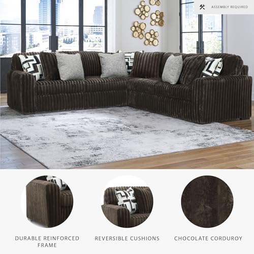 Image of Signature Design by Ashley Midnight-Madness 3-Piece Sectional, Comfy Jumbo Corduroy L-Shaped Couch with Platform Foundation, Durable Reinforced Frame, Chocolate Brown, 121 inch W x 121 inch D