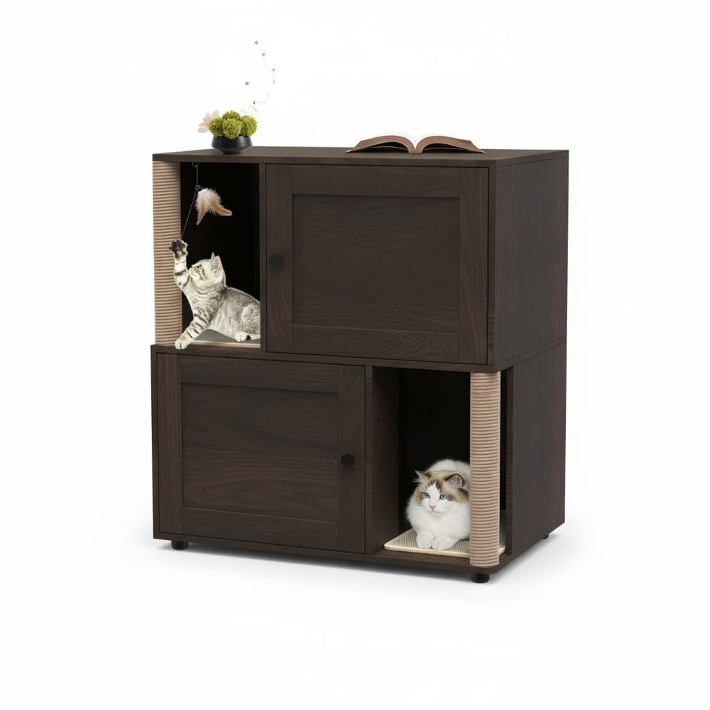 2 Tier Cat Washroom,Modern Farmhouse Double Cat Litter Box Enclosure Furniture,Hidden Cabinet with 2 Scratch Mats & Post, Multi-Functional End Side Table for 2 Cats, Odor-Control Wooden Washroom Cabin