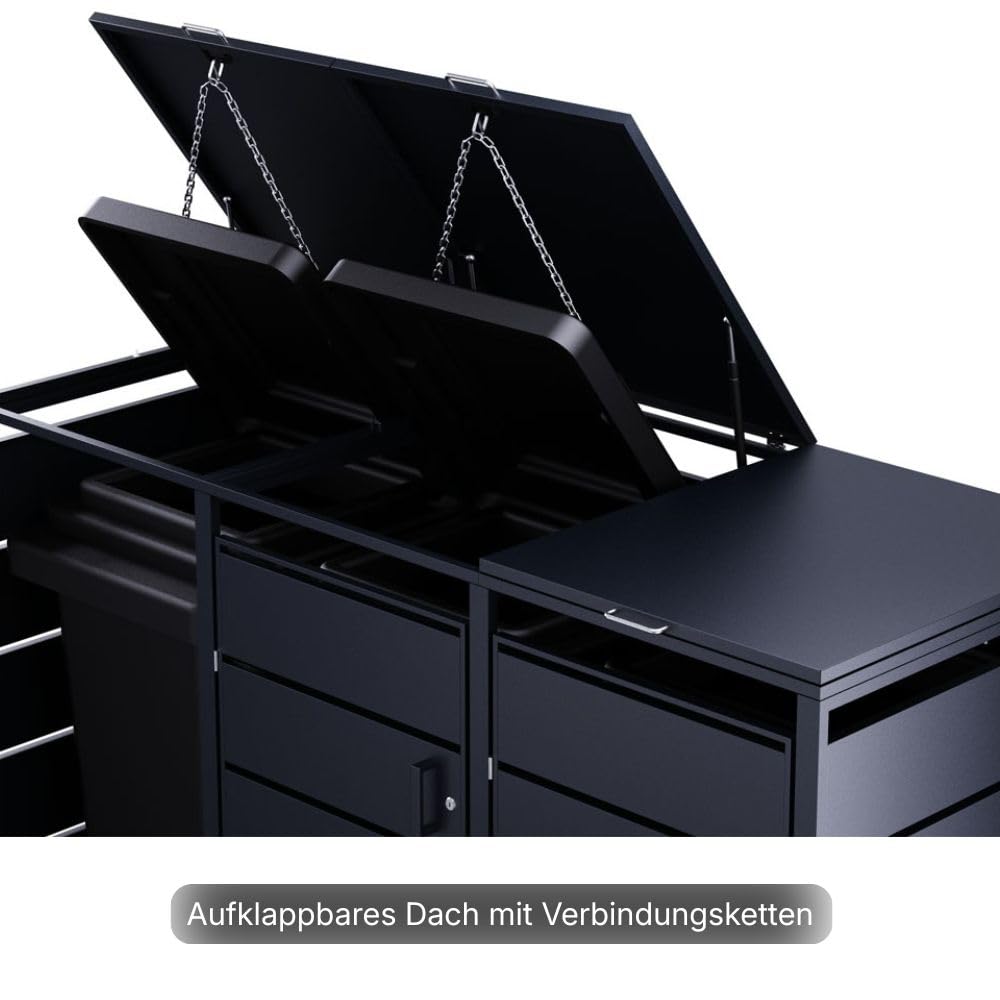 RS Trade Mülltonnenbox 3er Anthrazit für 120L & 240L, wetterfeste Mülltonnenverkleidung mit 3 Türen, abschließbares Mülltonnenhaus, Umhausung für Mülltonnen, Sichtschutz für Abfalltonnen draußen