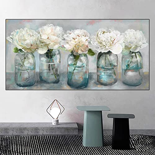 Toile pivoine blanche vintage grand format 70x140 cm pour décoration de salon chic