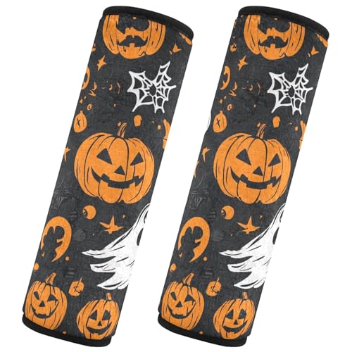 Image of Gothic Funny Halloween Ghost and Pumpkins Seat Belt Cover Pad 2 Pcs Soft Cute Seatbelt Covers Protector Support Head Neck Shoulder Strap for Car Seats High Chair Backpack for Adults Kids Women