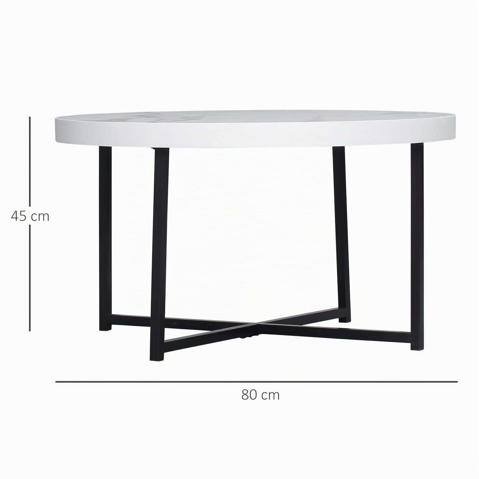 HOMCOM Mesa de Centro Redondo Encimera Símil Mármol 80x80x45 cm Blanco | Mesa de Salón, Marco de Metal, para Oficina Dormitorio Comedor, Estilo Moderno