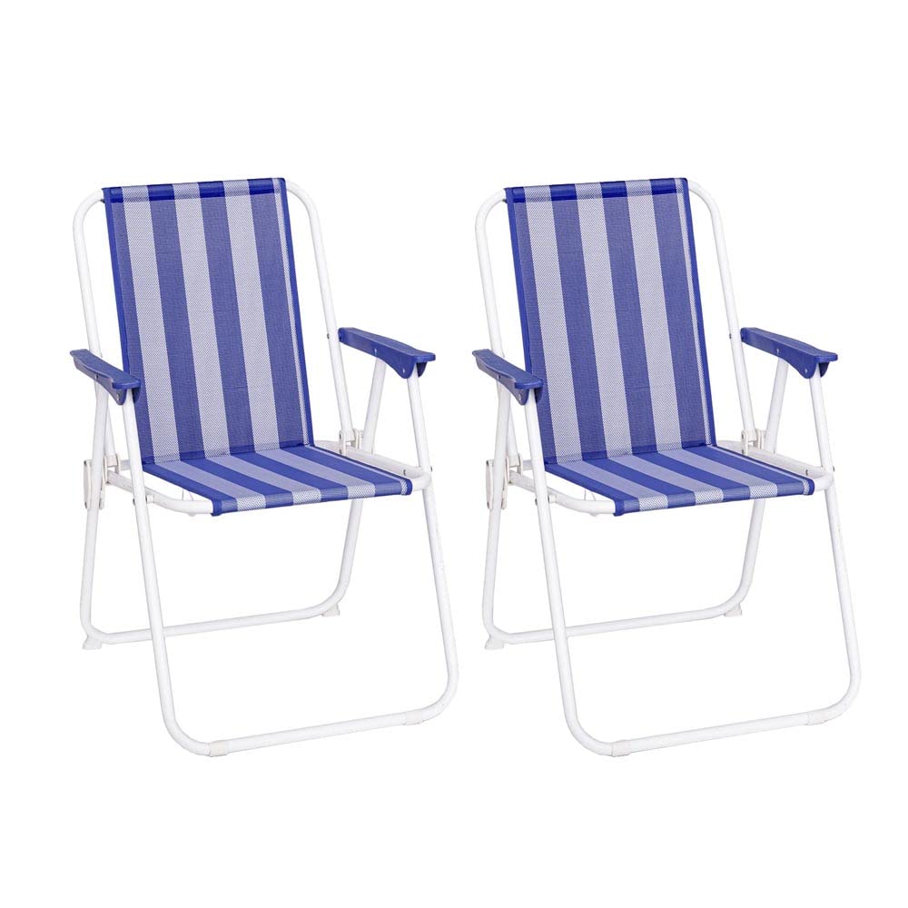 LOLAhome Pack de 2 sillas de Playa Plegables fijas de Hierro y textileno Azul y Blanco de 53x46x75 cm