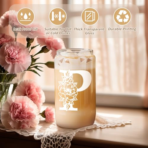 Image of Coolife Initial Glass Cup, Monogrammed Gifts for Women, 16 oz Tumbler w /Lid | Iced Coffee Smoothie Beer Tumbler w /Straw Lid - Personalized Christmas, Birthday Gifts for Woman Her Mom Friend