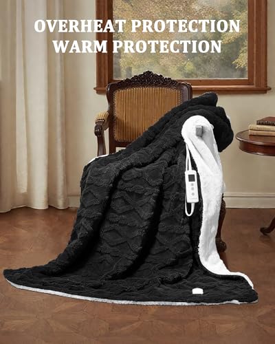 CAROMIO Heated Throw Blanket - Thick Tufted Sherpa Electric Blanket Throw with 10 Heating Levels and 10 Time Settings, ETL Certified Machine Washable Fast Heating Blanket Throw 50"×60", Black