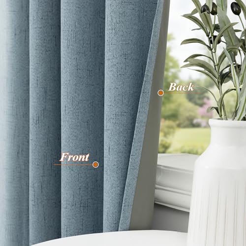 Image of 100% Blackout Linen Textured Curtains for Bedroom Full Light Blocking Room Darkening Bronze Grommet Window Drapes Thermal Insulated Energy Efficient Home Decor 52x102 Stone Blue (2 Panels)