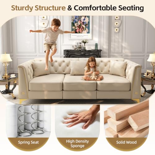 Image of KEIKI 2-Piece Chesterfield Sofa Set with Handmade Button Tufted, Beige | 5-Seater Couch Set with 1 Faux Leather 3-Seater Sofa & 1 Loveseat & 1 Ottoman & 5 Pillow, Easy Assembly, for Living Room