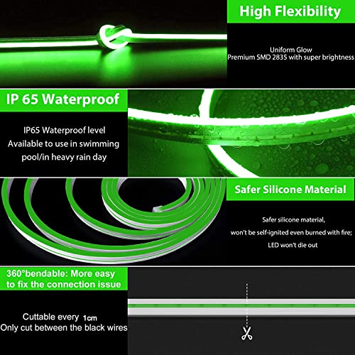 Image of Lamomo LED Neon Lights, 16.4ft Green LED Strip Light, 12V 0.39In /Cut Silicone Waterproof Neon Rope Light, DIY Neon Sign for Bedroom Indoor Outdoor Decoration(Power Adapter not Included)