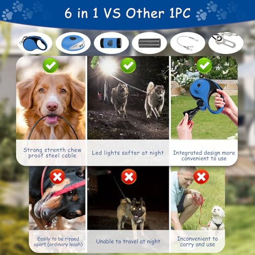 26Ft Retractable Dog Leash - for Dog Up to 110lbs, Tangle Free Walking Leash with Chew Proof Cable | LED Light | Dispenser | Poop Bags, Quick Lock Braking & Non-Slip Handle (Blue) - Image 6